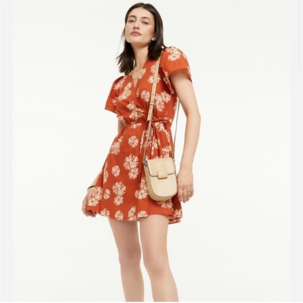 Madewell Floral Print Wrap Cotton V-Neck Mini Dress in floral Rusty Torch sz S‎